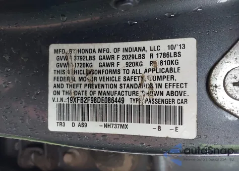 2013 Honda Civic Ex-L from USA, damaged, VIN 19XFB2F98DE086449